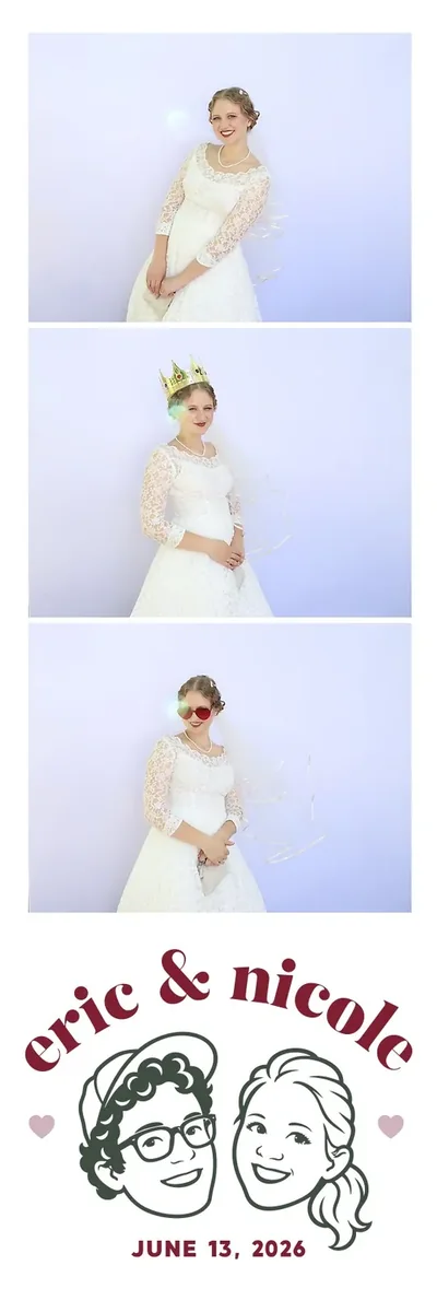 A 2x6 Aura wedding photo strip with the couple's first names at the base